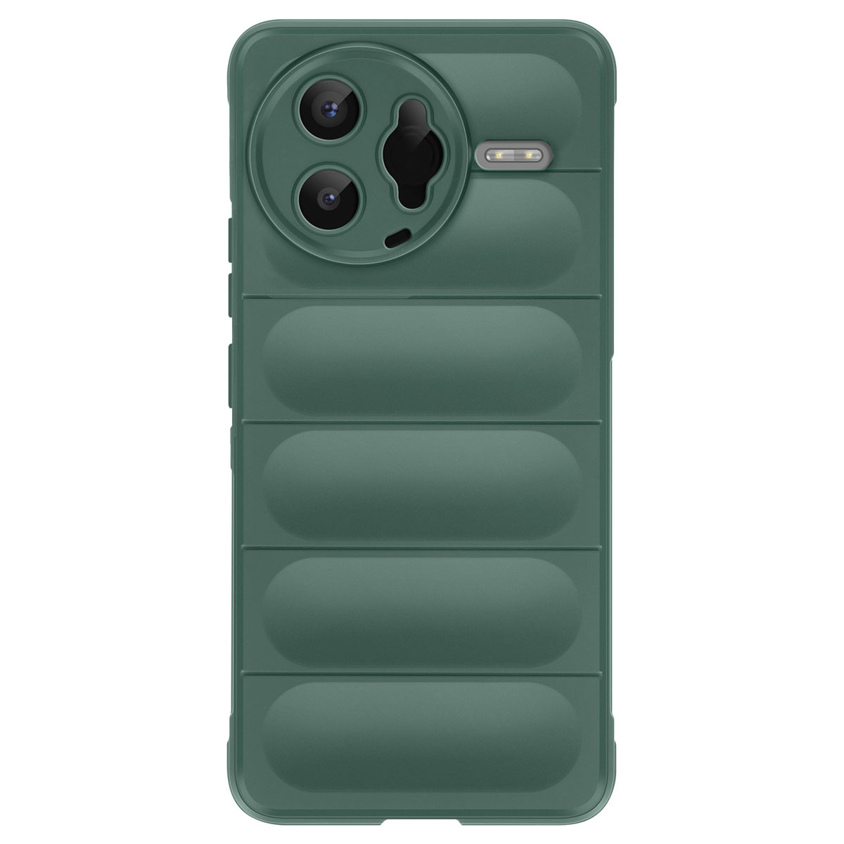 Una custodia verde per telefono con modulo fotocamera e flash. Ha un design trapuntato sul retro.
