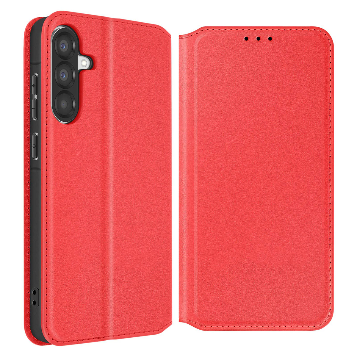 Custodia rossa per telefono, aperta per mostrare il telefono. La custodia è realizzata in materiale simile alla pelle. Il telefono ha più fotocamere.
