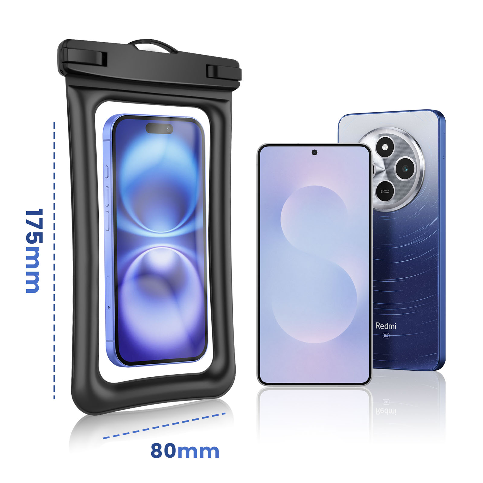 Un telefono in una custodia impermeabile, due telefoni, dimensioni etichettate. Un telefono è in una custodia blu. Lo sfondo è bianco.