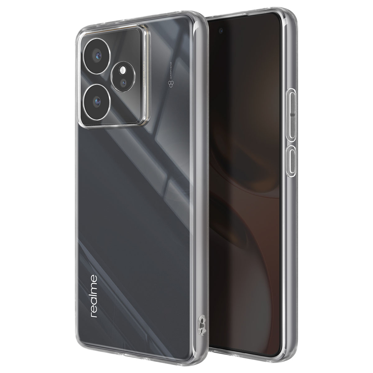Una custodia trasparente per telefono con un telefono all'interno. Il telefono ha tre fotocamere. Il marchio "realme" è visibile.