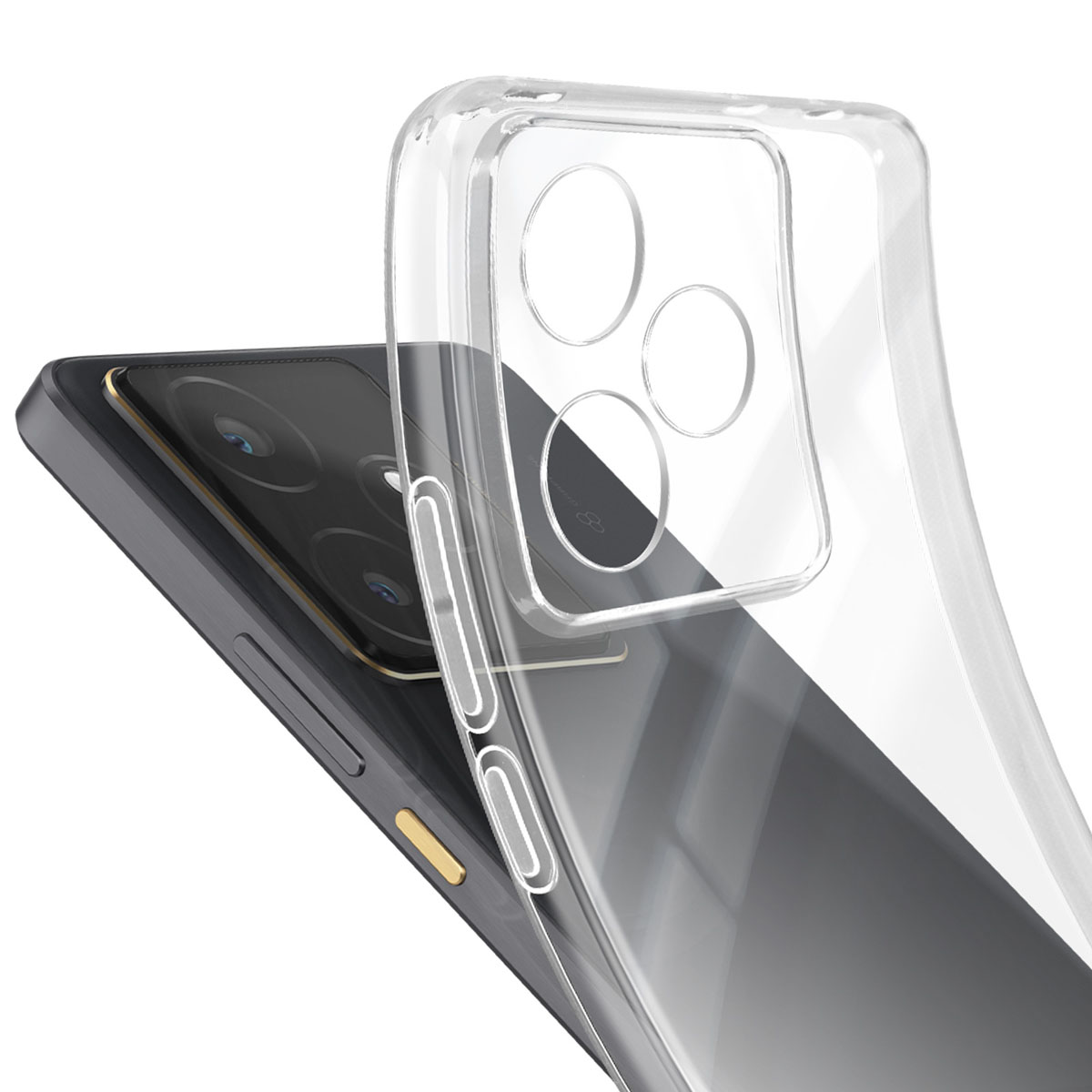 Uno smartphone con una custodia protettiva trasparente. Il telefono è nero con dettagli dorati. La custodia è trasparente, mostrando il design del telefono.