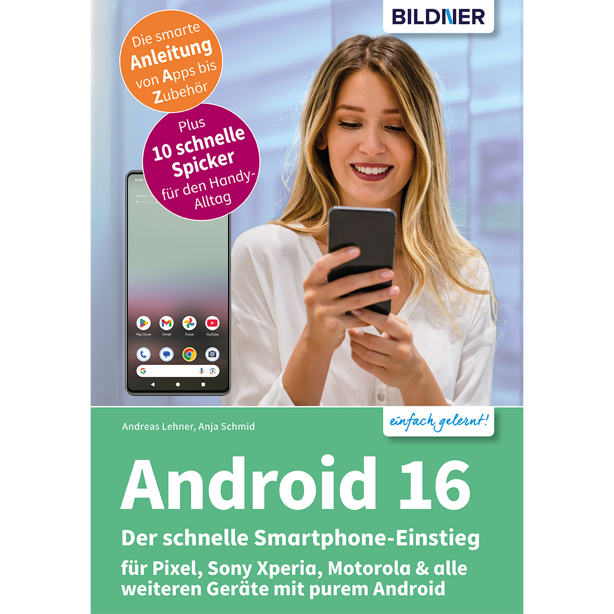 Eine Frau hält ein Telefon. Ein Buchcover zeigt Android 16 mit einem Telefonbildschirm und bunten Blasen, die für Apps werben.