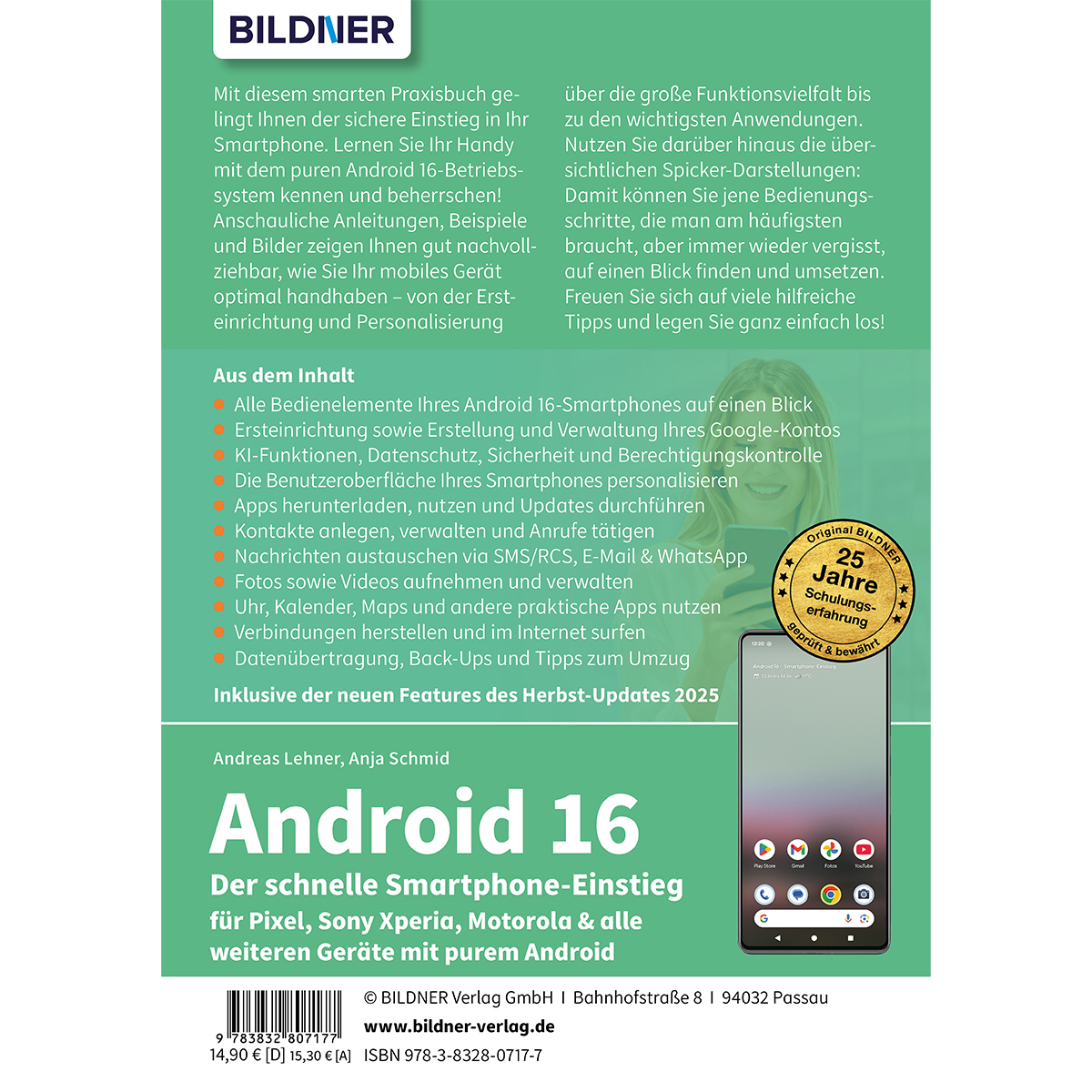 Buchcover: Android 16-Ratgeber. Grüner Hintergrund, Smartphone-Bild, Logo, Text über Funktionen und Tipps.