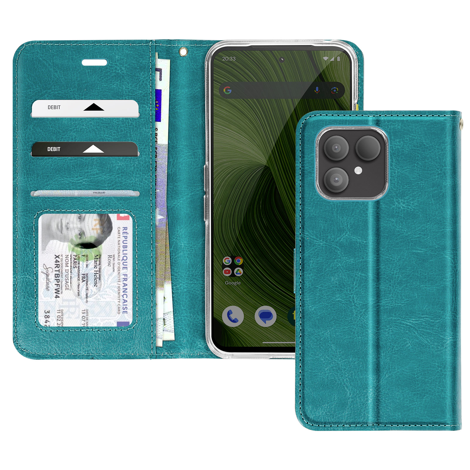 Una custodia per telefono verde acqua con un telefono all'interno, che mostra uno schermo con l'app di Google. Anche un portafoglio.