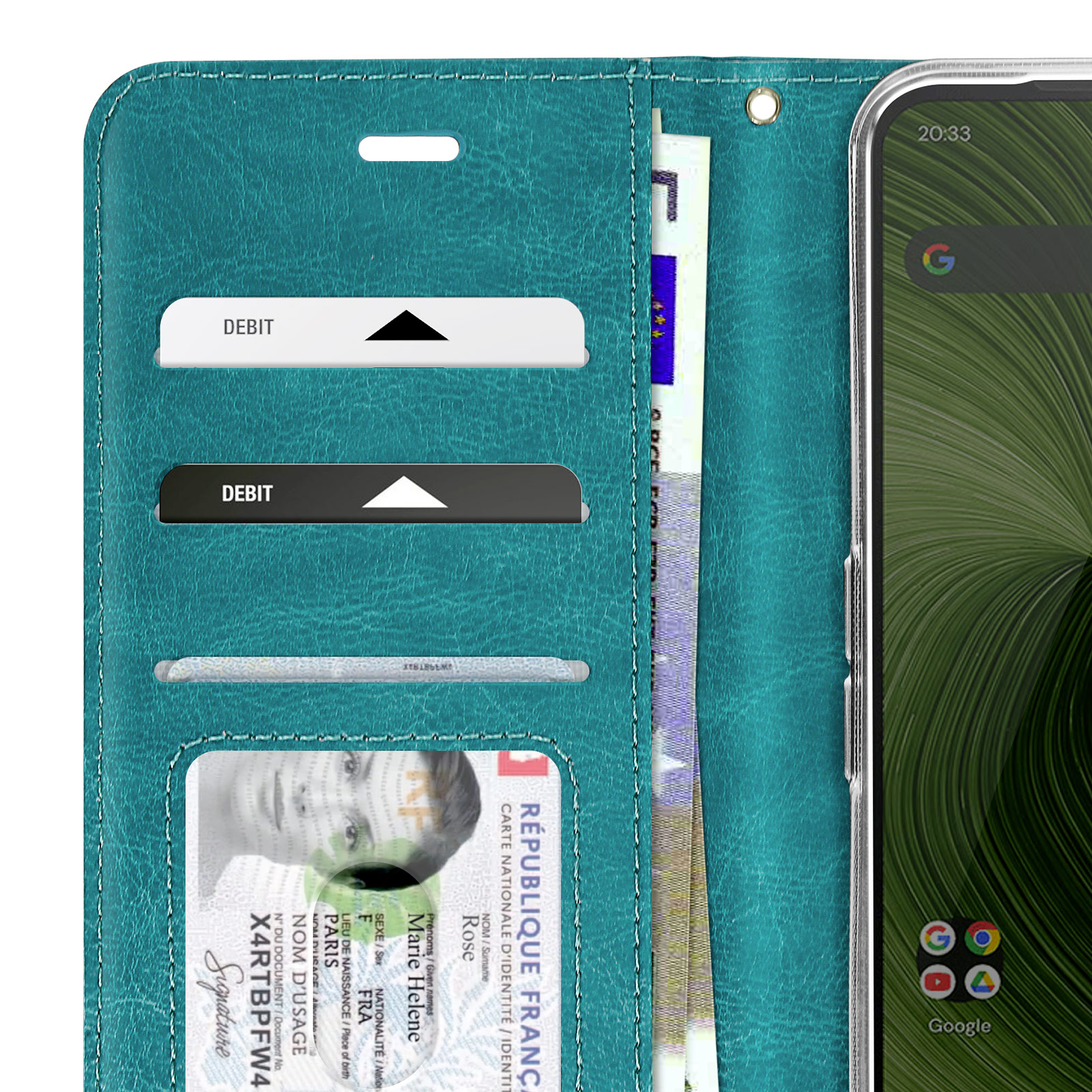 Portafoglio turchese con telefono. Carte di credito e documento d'identità visibili. Il telefono mostra l'app Google. Include una fattura.