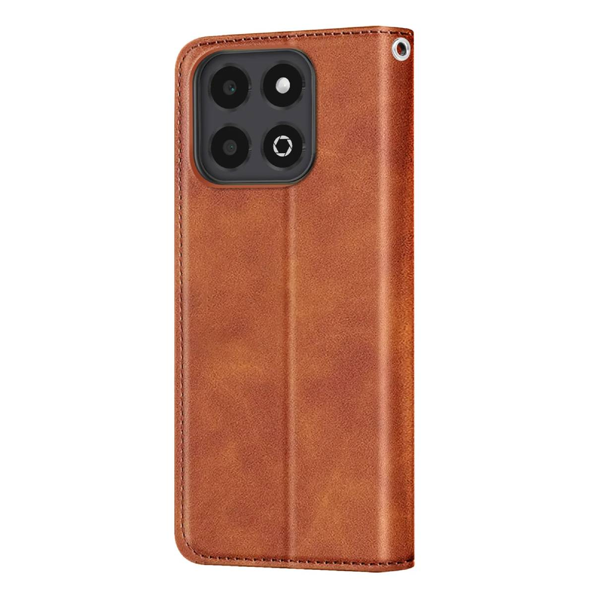 Custodia per telefono in pelle marrone con quattro obiettivi. Dotata di chiusura magnetica e un foro.