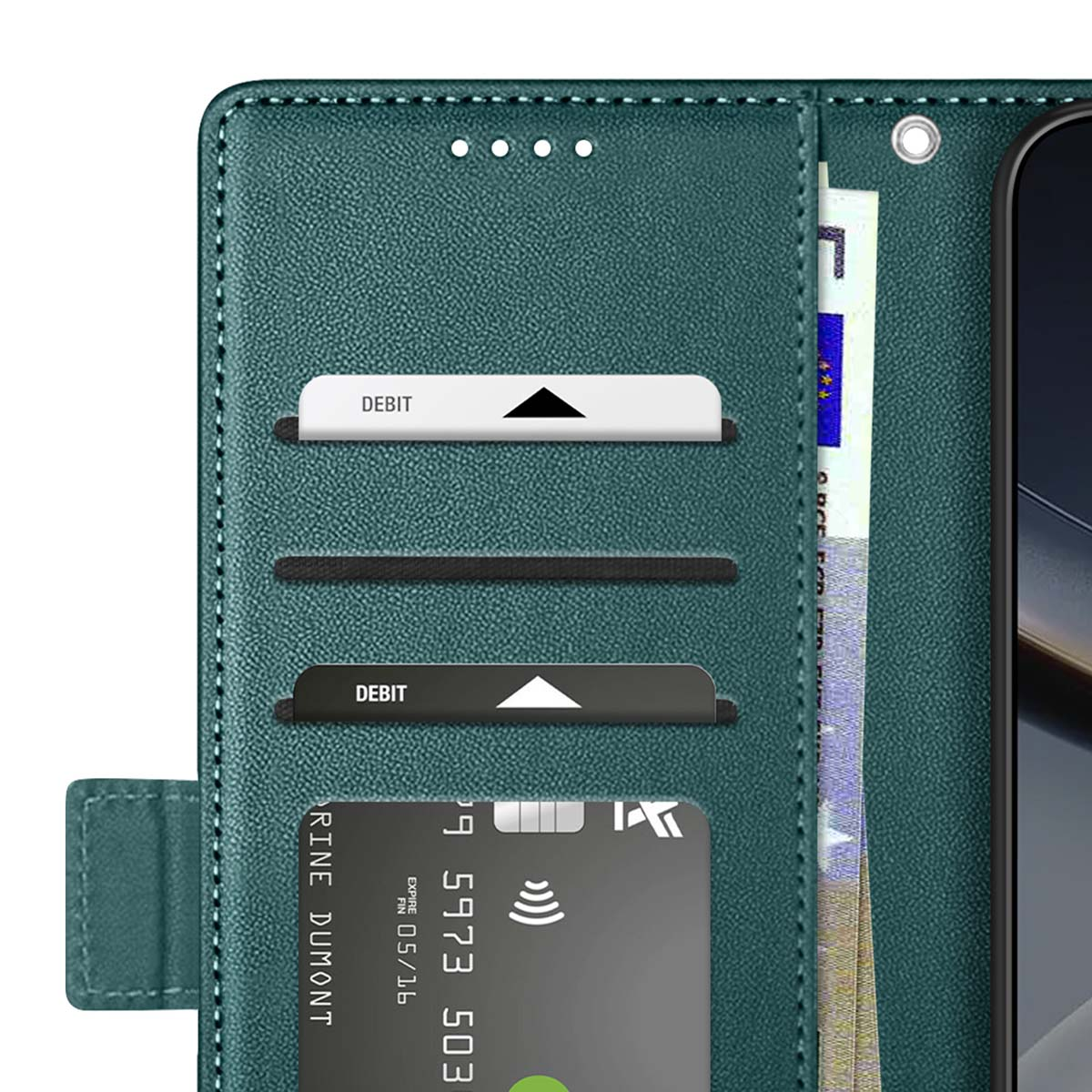 Portafoglio verde acqua con scomparti per carte, carte di debito e carta di credito. All'interno c'è uno smartphone e una banconota visibile.