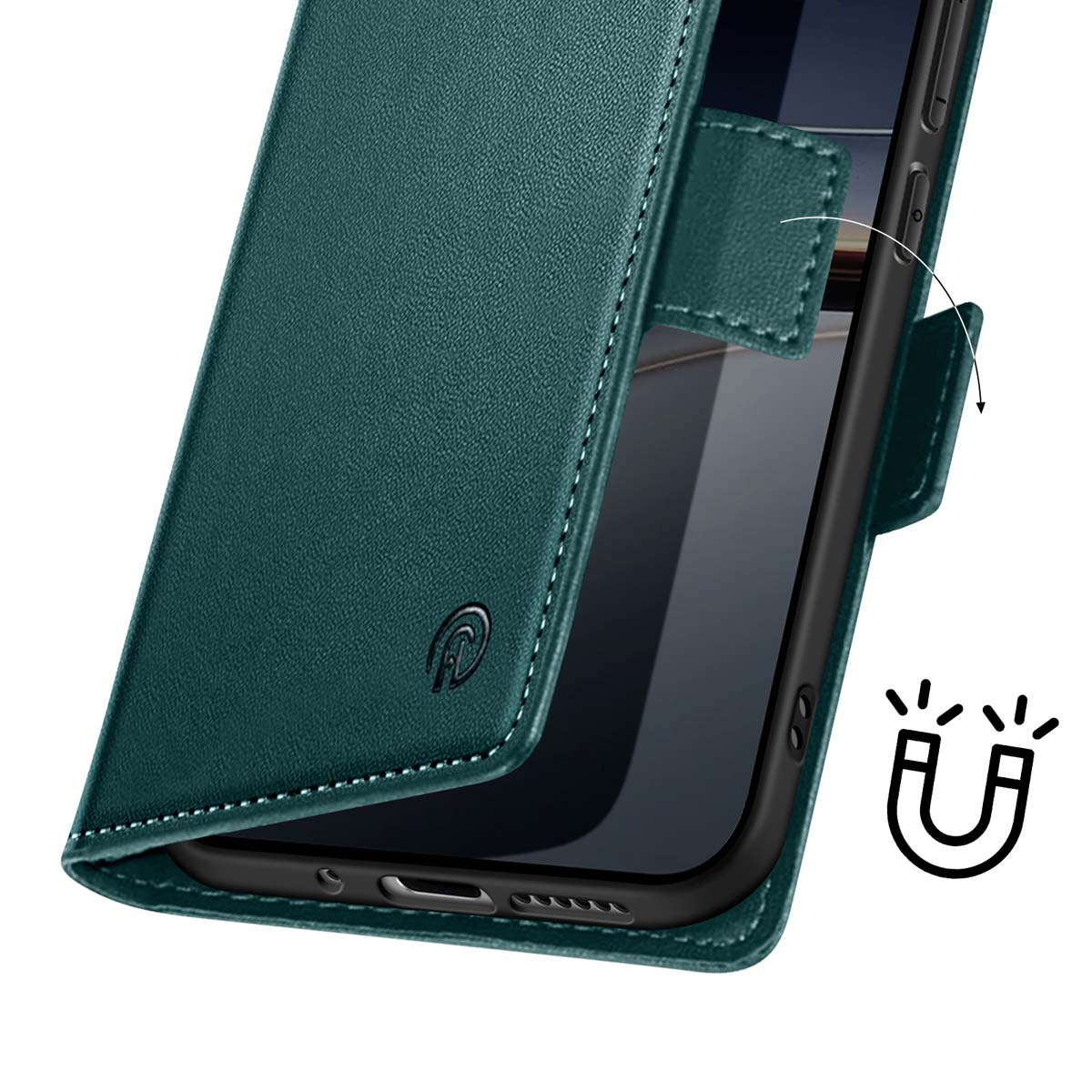 Custodia per telefono in pelle verde aperta, mostra lo schermo del telefono. Simbolo magnete per chiusura magnetica.