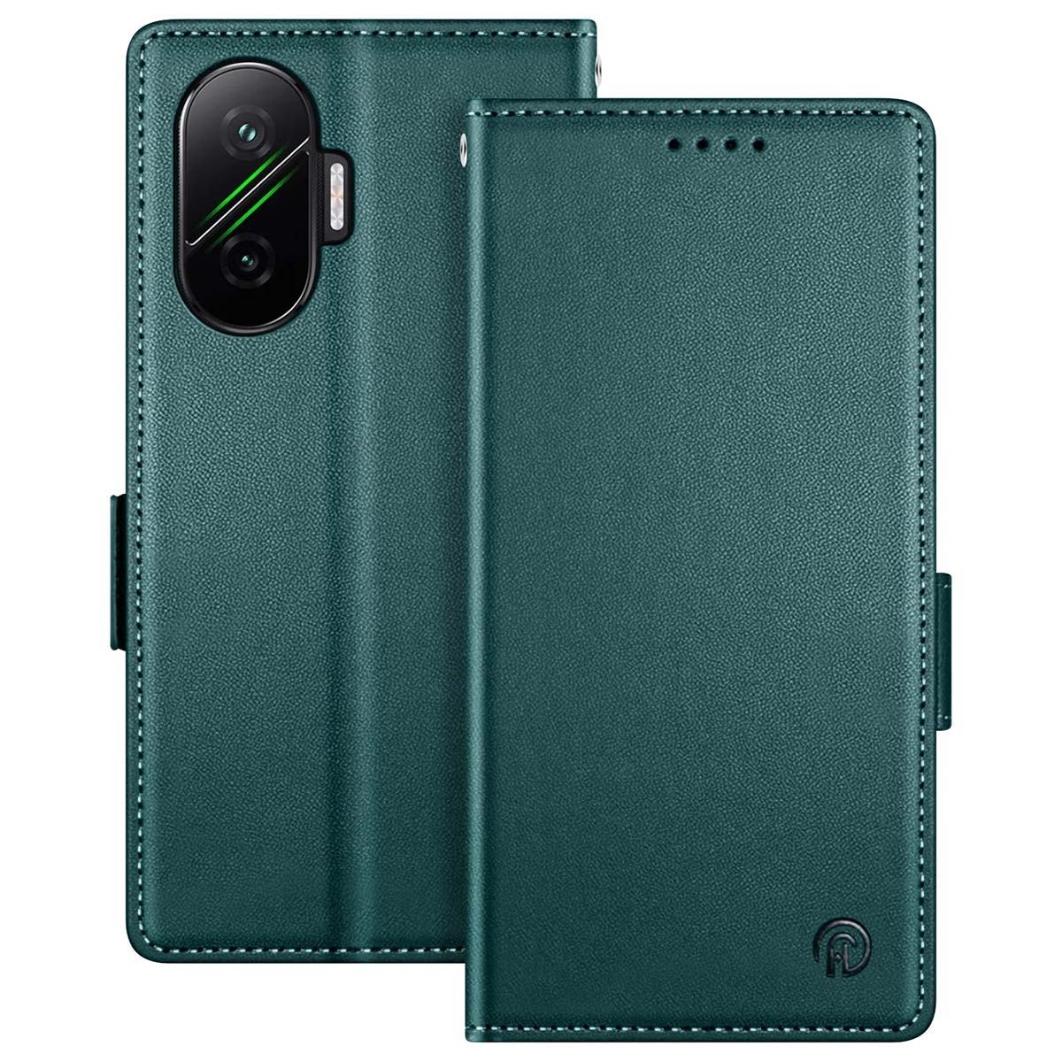 Una custodia per telefono verde acqua con un telefono all'interno, aperta lateralmente. Con cuciture e logo.