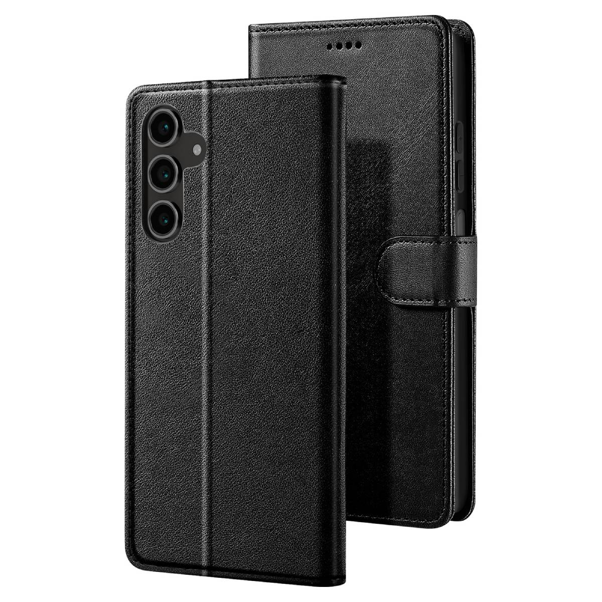 Zwarte leren telefoonhoes. Het heeft een magnetische sluiting en een camera-uitsparing. De hoes is gesloten en open.