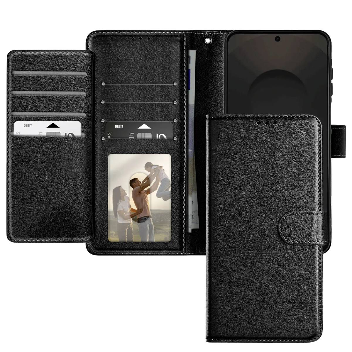 Zwarte leren telefoonhoes open, met gleuven voor creditcards, een familiefoto en een telefoon. De hoes staat op een witte achtergrond.