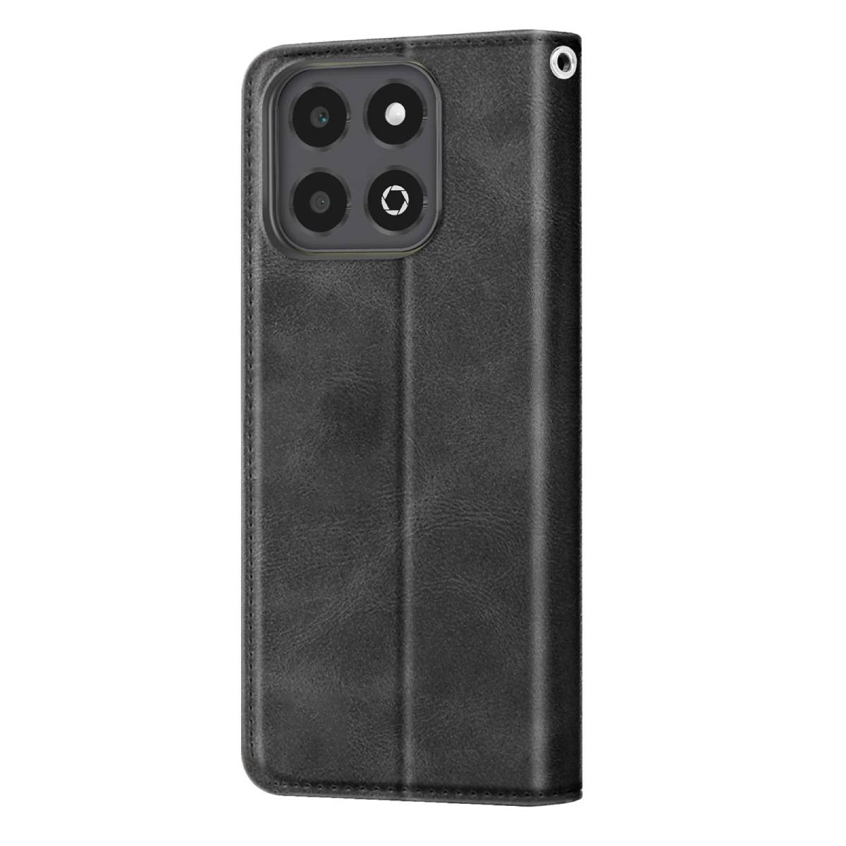 Una custodia per telefono in pelle nera con modulo fotocamera. La custodia è chiusa, mostrando la parte anteriore e un lato con un piccolo foro.