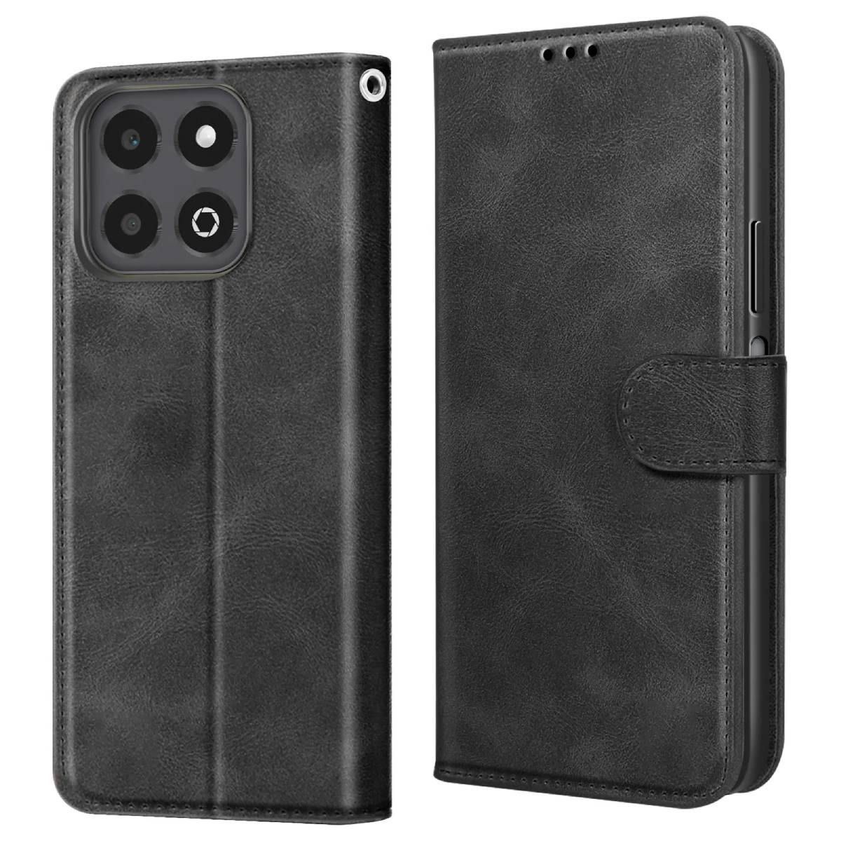 Custodia per telefono in pelle nera con telefono attaccato a sinistra. Aperta a destra, che mostra l'interno. Chiusura a bottone.