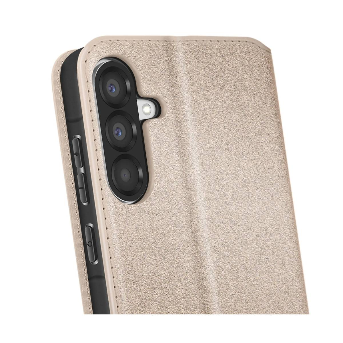 È mostrata una custodia beige per telefono con fotocamera a tre lenti. La custodia è aperta, rivelando il lato del telefono.