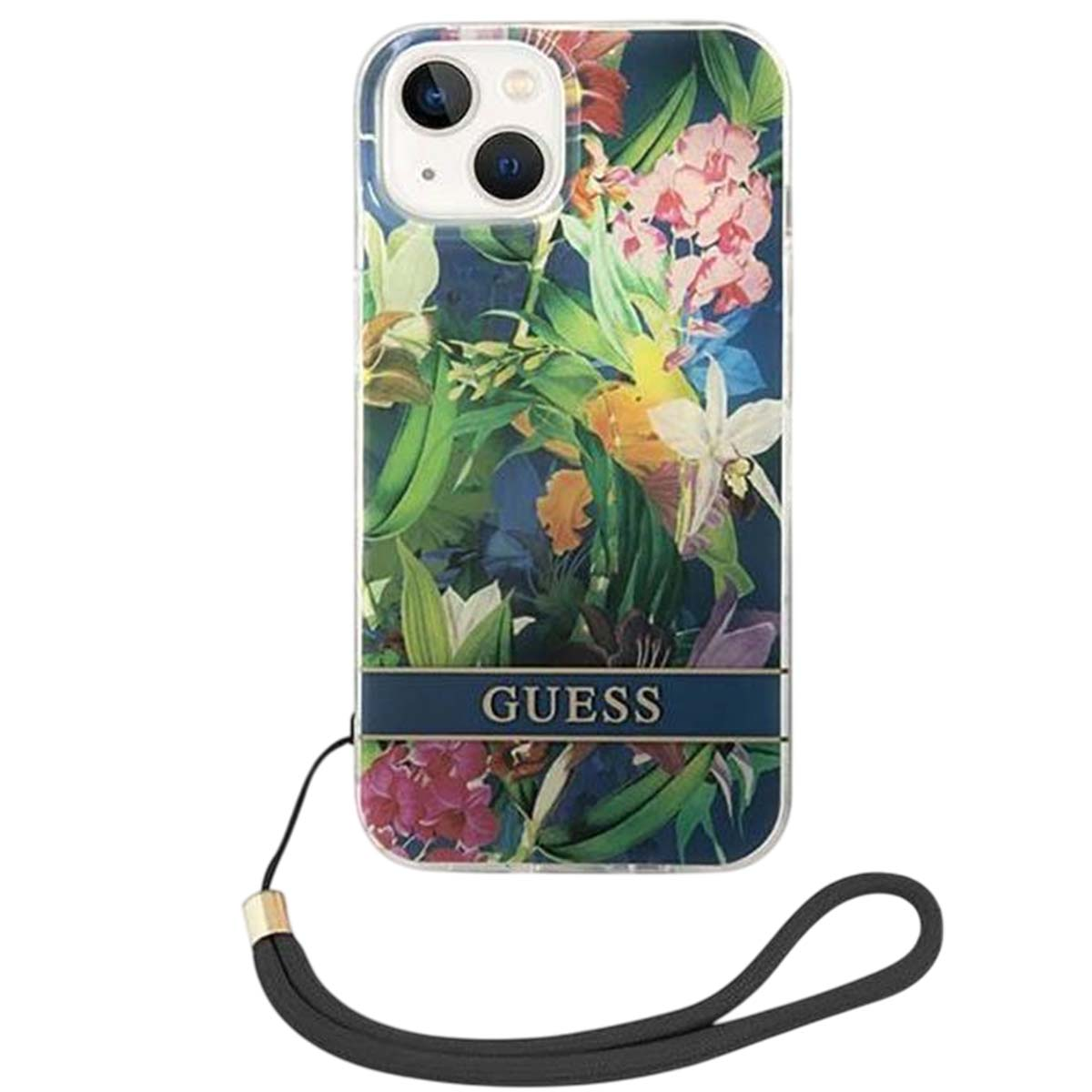 Una custodia per telefono Guess con un design floreale. La custodia è trasparente, con cinturino nero e chiusura dorata. Fiori rosa, bianchi e verdi sono visibili.