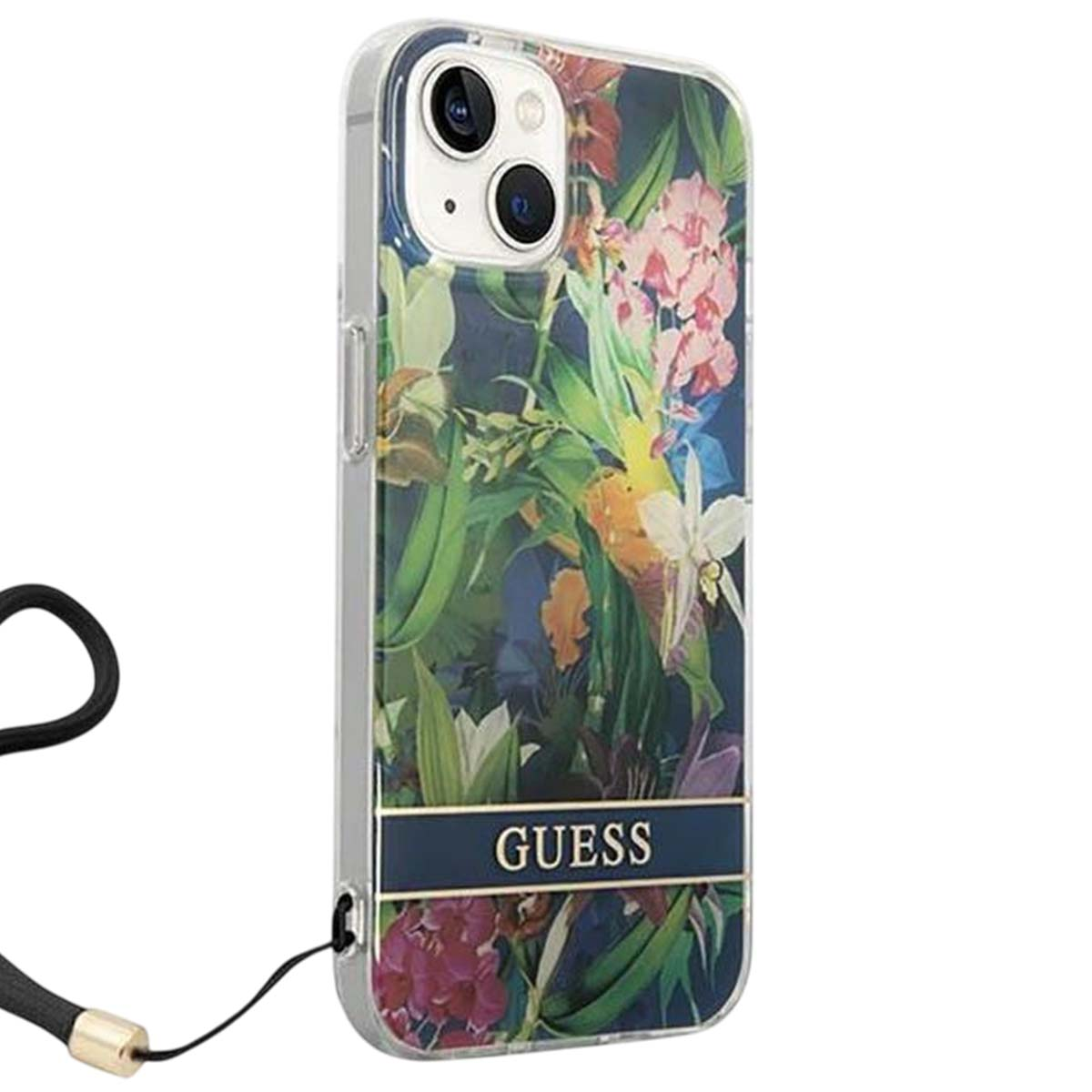 Una custodia per telefono con un design floreale con fiori rosa e bianchi, foglie verdi e il logo del marchio "GUESS". È attaccato un cinturino nero.