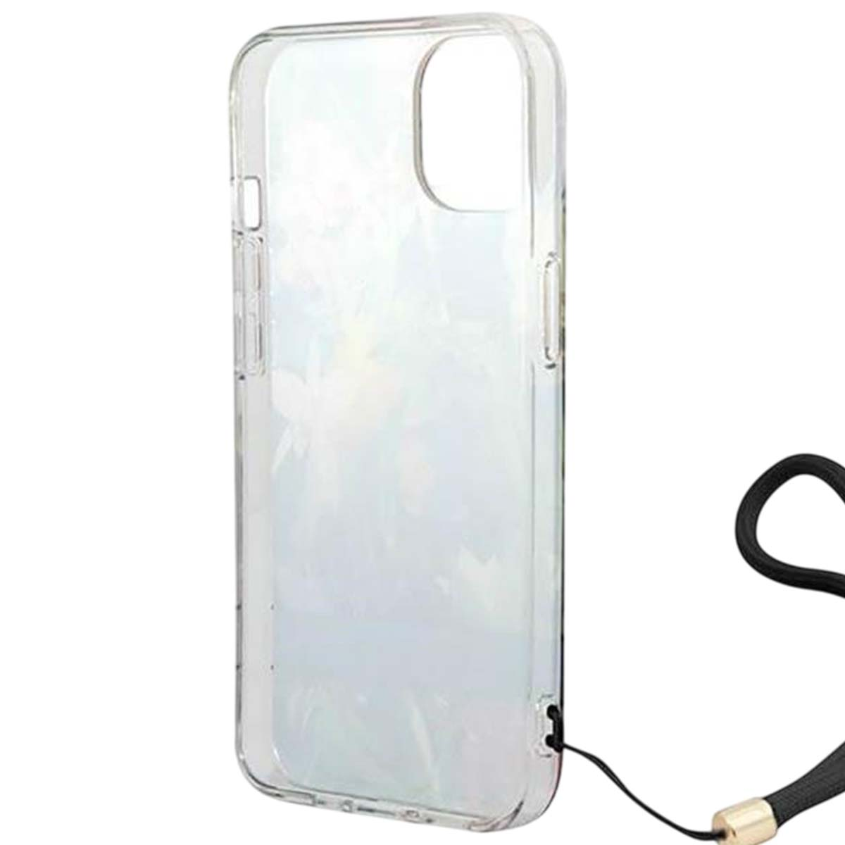 Custodia trasparente per telefono con cinturino nero. La custodia è trasparente, mostrando l'interno del telefono. Il cinturino è ad anello e attaccato.