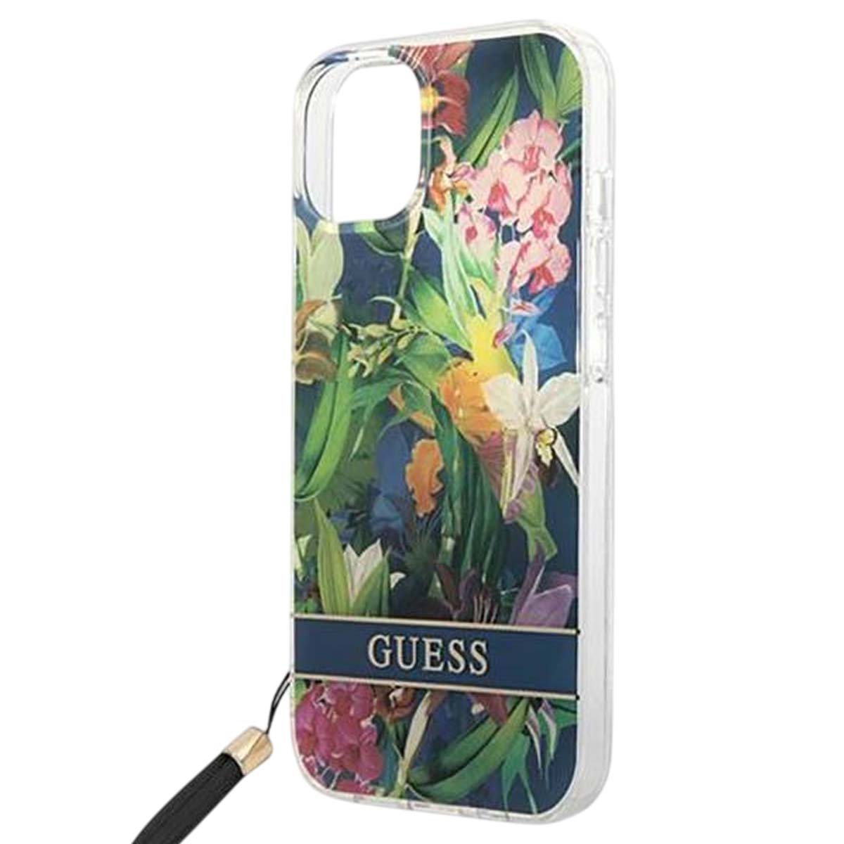 Custodia per telefono con design floreale e la scritta GUESS. Ha un cinturino nero in basso.