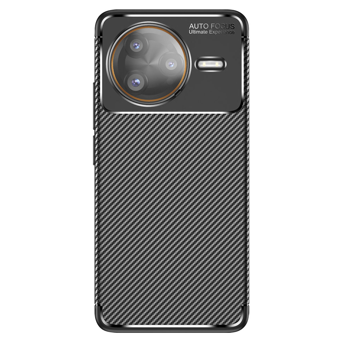 Una custodia per telefono con trama in fibra di carbonio. L'area della fotocamera mostra una lente con tre cerchi e la scritta 'AUTO FOCUS'.