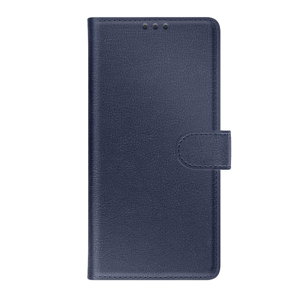 Una custodia per telefono in pelle blu scuro chiusa con chiusura magnetica. La custodia ha tre piccoli fori nella parte superiore e una superficie strutturata.