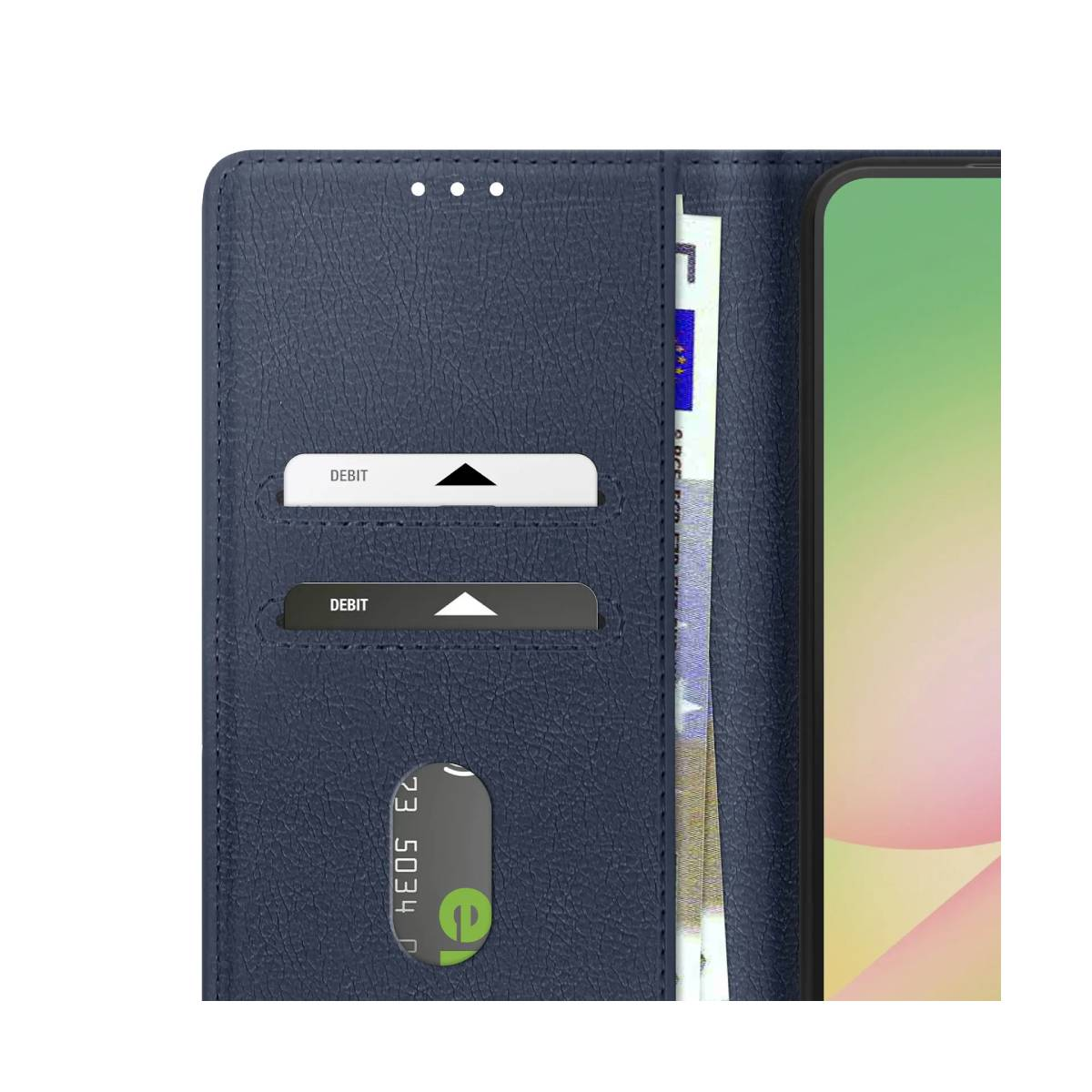 Una custodia blu per portafoglio con fessure per carte. Sono visibili due carte di debito, insieme allo schermo di un telefono. Una banconota è parzialmente visibile.