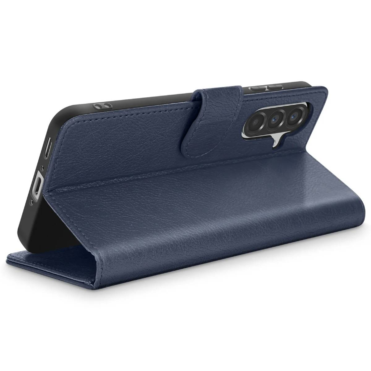 Una custodia per telefono in pelle blu è aperta, con un telefono nero. La custodia ha una chiusura magnetica. La fotocamera del telefono è visibile.