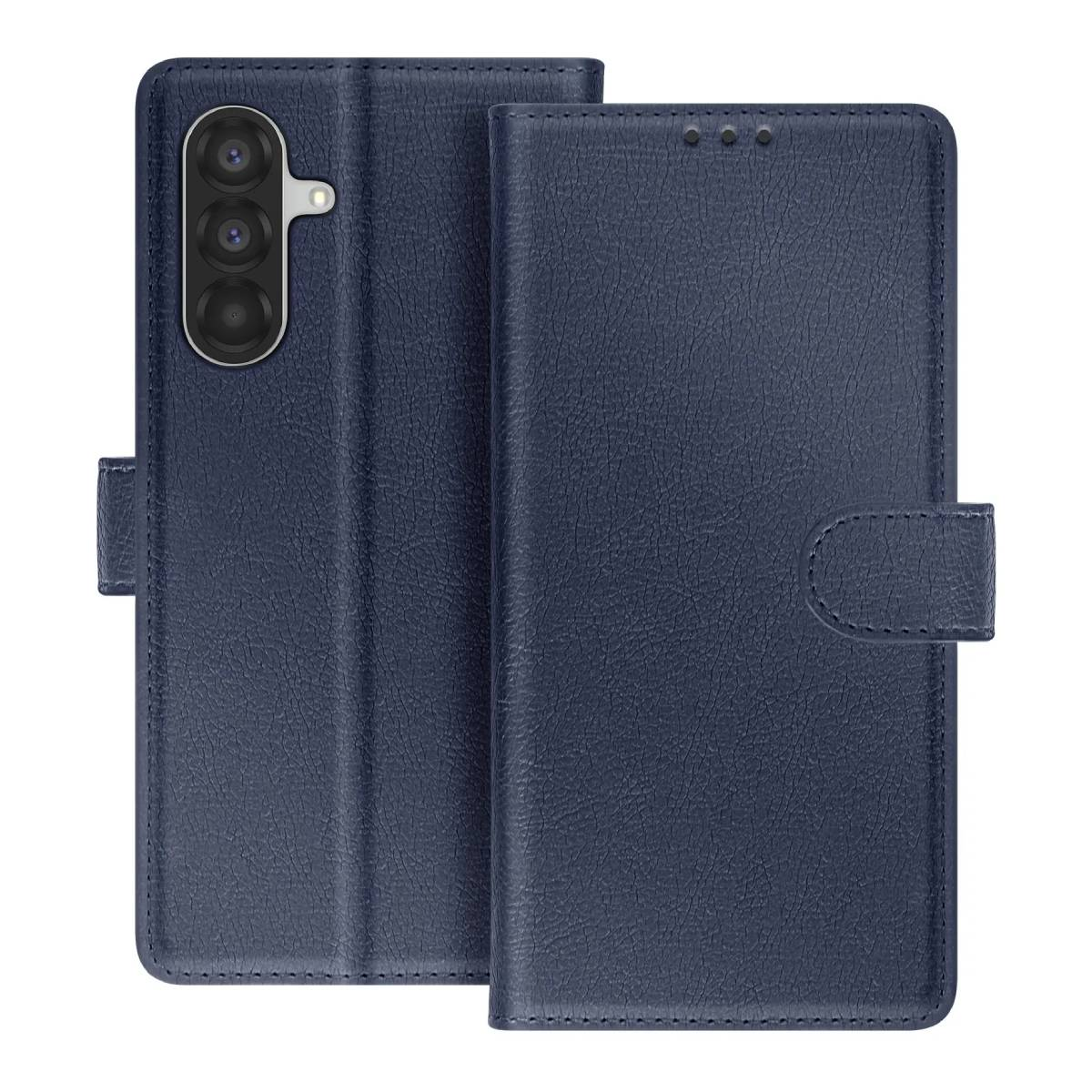 Una custodia per telefono in pelle blu, aperta, che mostra le lenti della fotocamera del telefono. La custodia ha una chiusura magnetica.