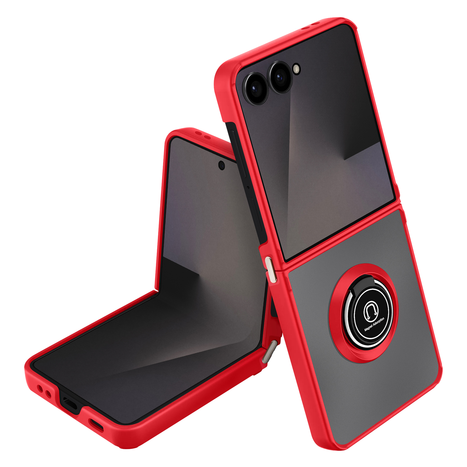 Coque de téléphone rouge et grise. Un téléphone est ouvert, l'autre fermé. Un support annulaire est au dos.