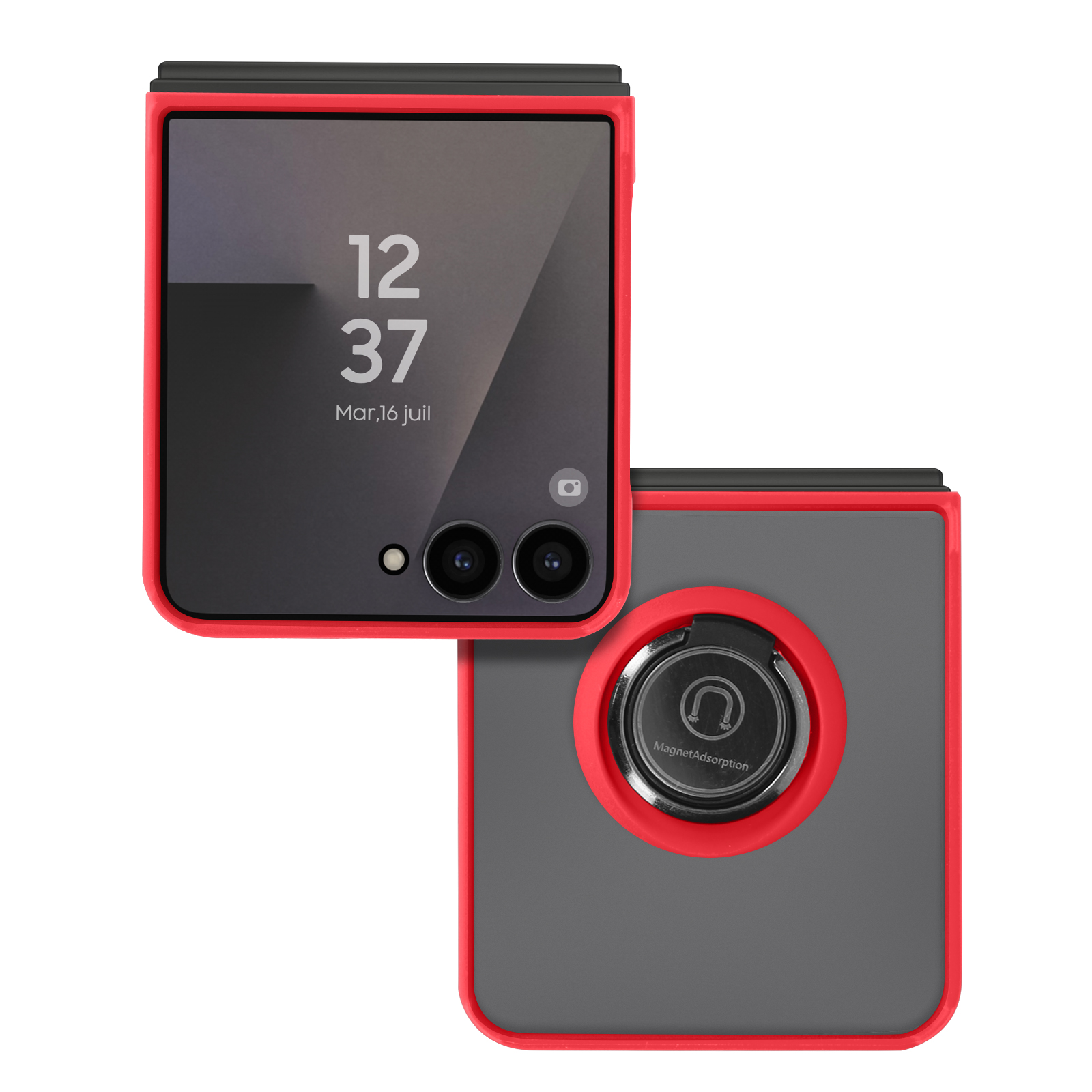 Un smartphone dans un étui rouge affiche l'heure, avec un support de bague à l'arrière. L'étui a un design gris et noir.