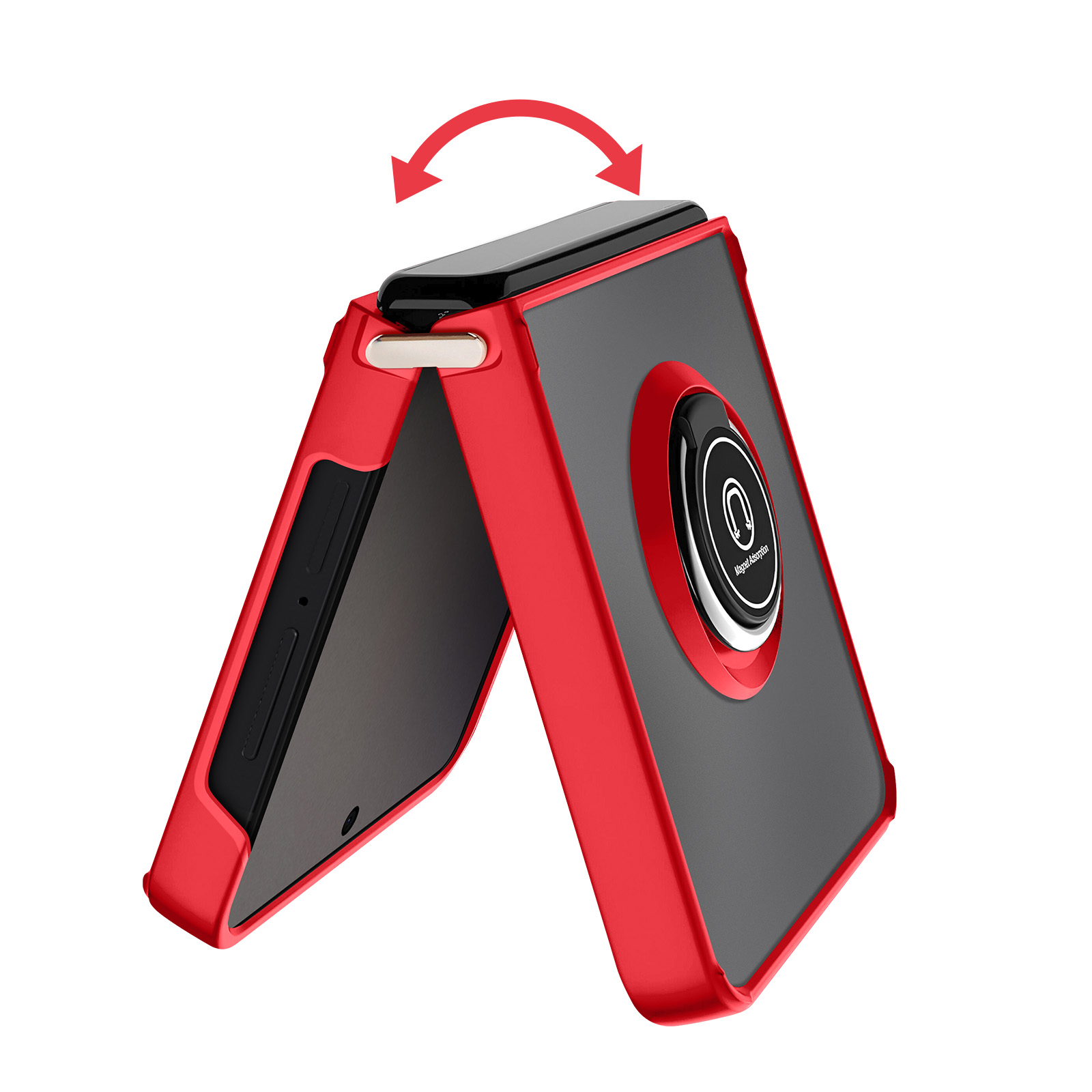 Coque de téléphone rouge et noire avec un support d'anneau, montrée ouverte avec un symbole de flèche rotative.