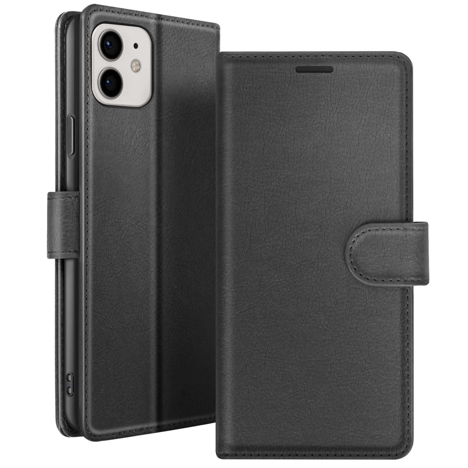 Zwarte leren telefoonhoes, open om de telefoon te onthullen. Voorzien van sluiting, zichtbare camera en een getextureerd oppervlak.