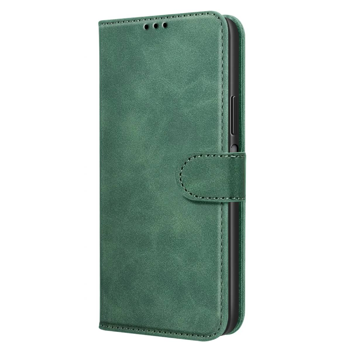 Custodia per telefono in pelle verde, chiusa con chiusura magnetica. La custodia ha una superficie strutturata e un bordo cucito.