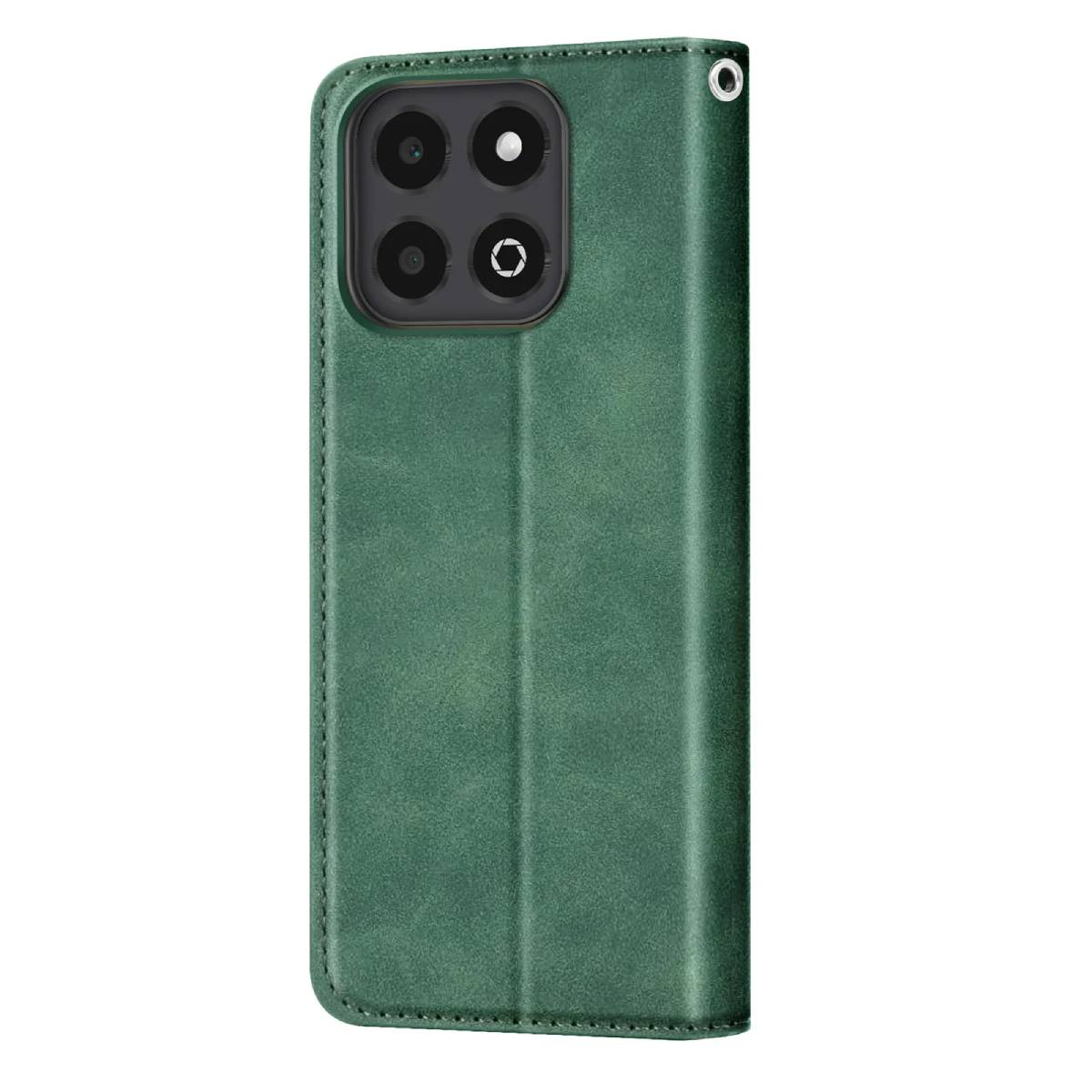 Una custodia per telefono in pelle verde, con un modulo fotocamera nero con quattro lenti e un flash. La custodia è chiusa.