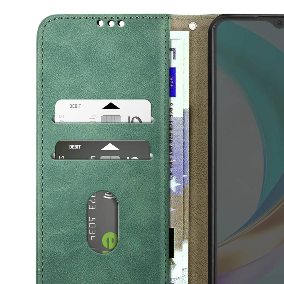 Custodia verde per telefono con fessure per carte di credito. Sono visibili due carte di debito e una banconota. Uno schermo del telefono è a destra.