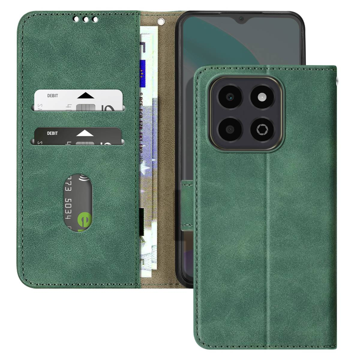Custodia per telefono in pelle verde con carte e denaro visibili. Il telefono è a destra, custodia aperta. Carte di debito e denaro visibili.