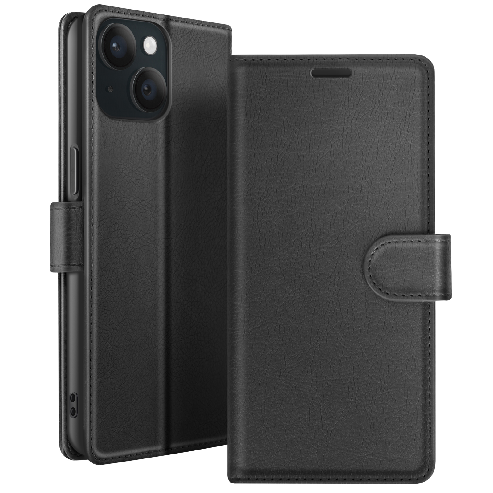 Étui de téléphone noir avec une texture semblable au cuir, ouvert pour révéler le téléphone. L'étui a une fermeture magnétique.