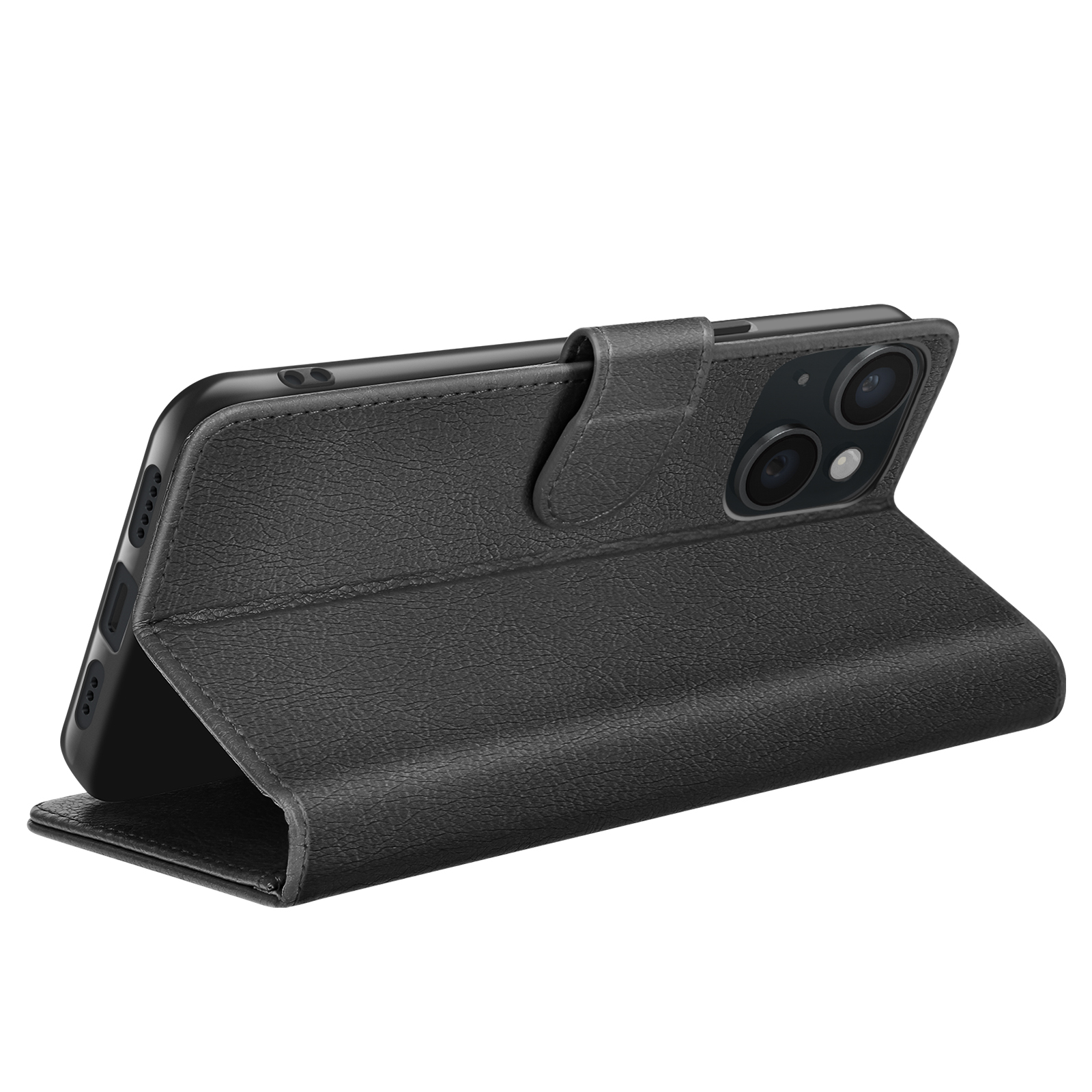 Étui de téléphone en cuir noir. Le téléphone est à l'intérieur. L'étui est ouvert. Le téléphone a deux caméras. Fond blanc.