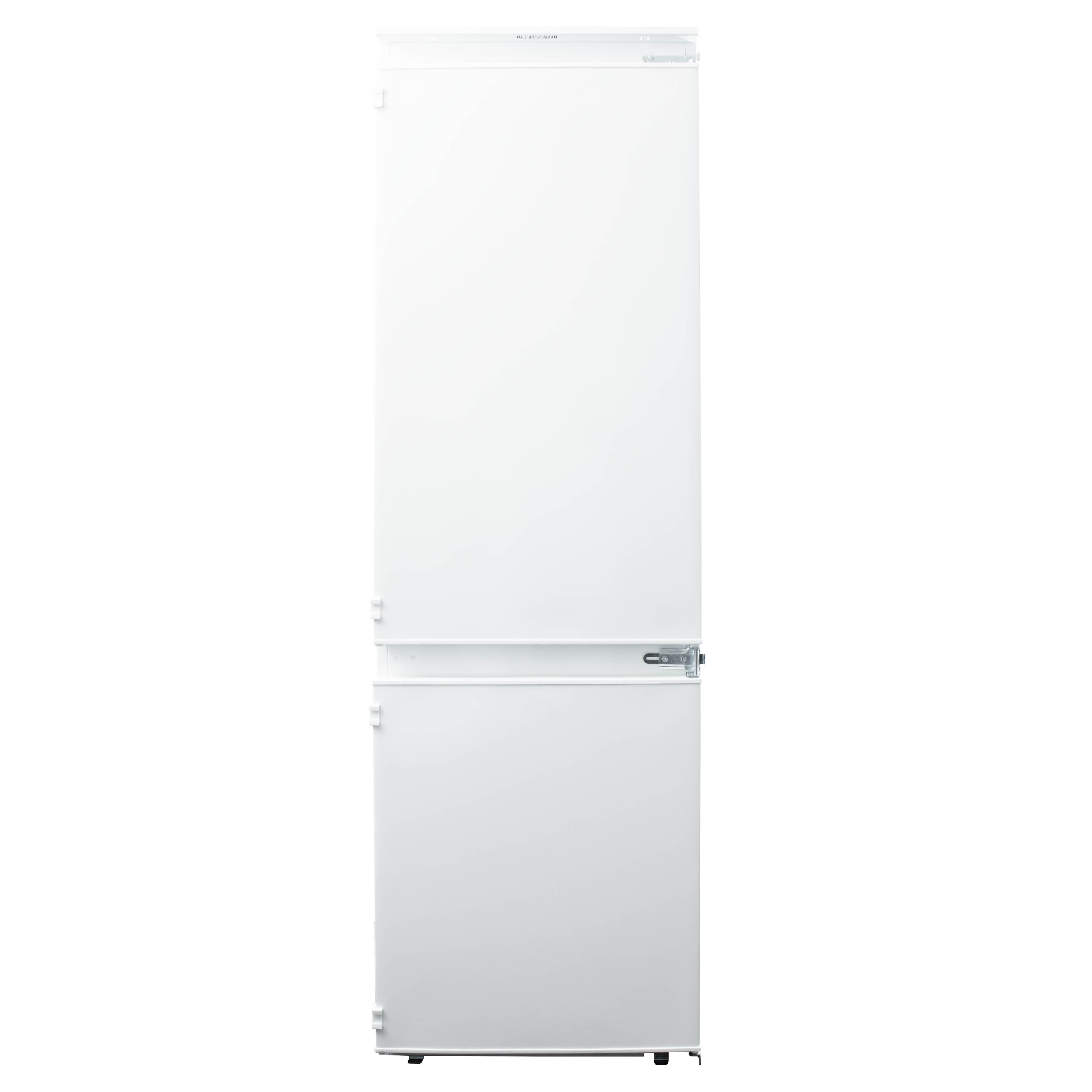 A white refrigerator with two doors, a handle, and a lock. It's against a white background.