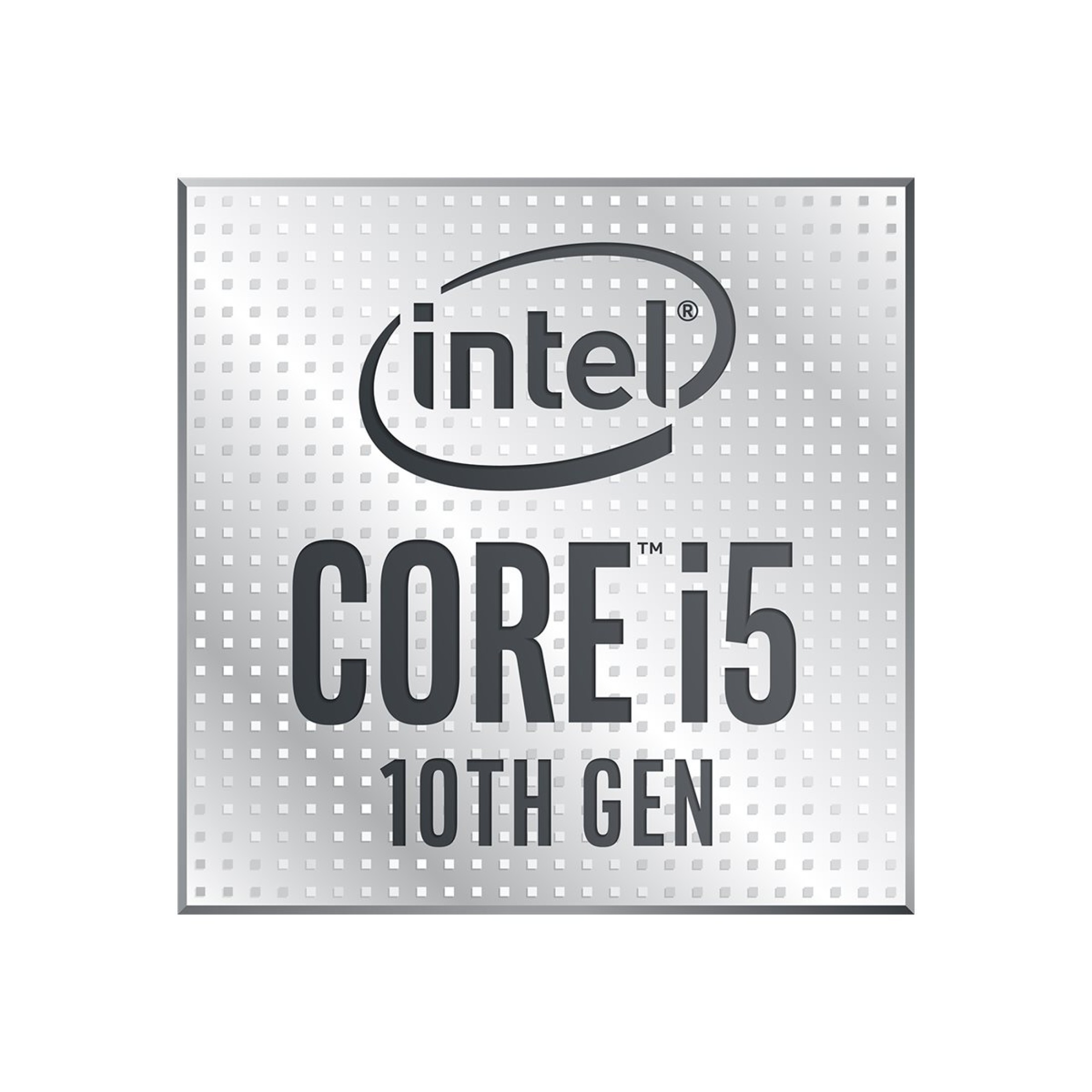 Logo Intel Core i5 10. generacji. Srebrny kwadrat z logo Intel u góry i tekstem Core i5 oraz 10th Gen na dole.