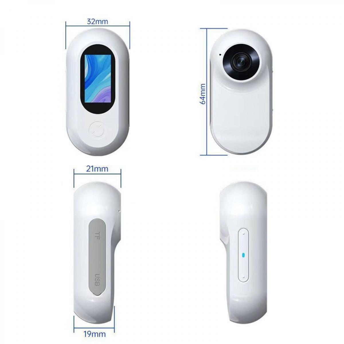Vier Ansichten eines weißen Handheld-Geräts mit Bildschirm, Objektiv und Maßen. Es hat USB- und TF-Anschlüsse und eine blaue LED.