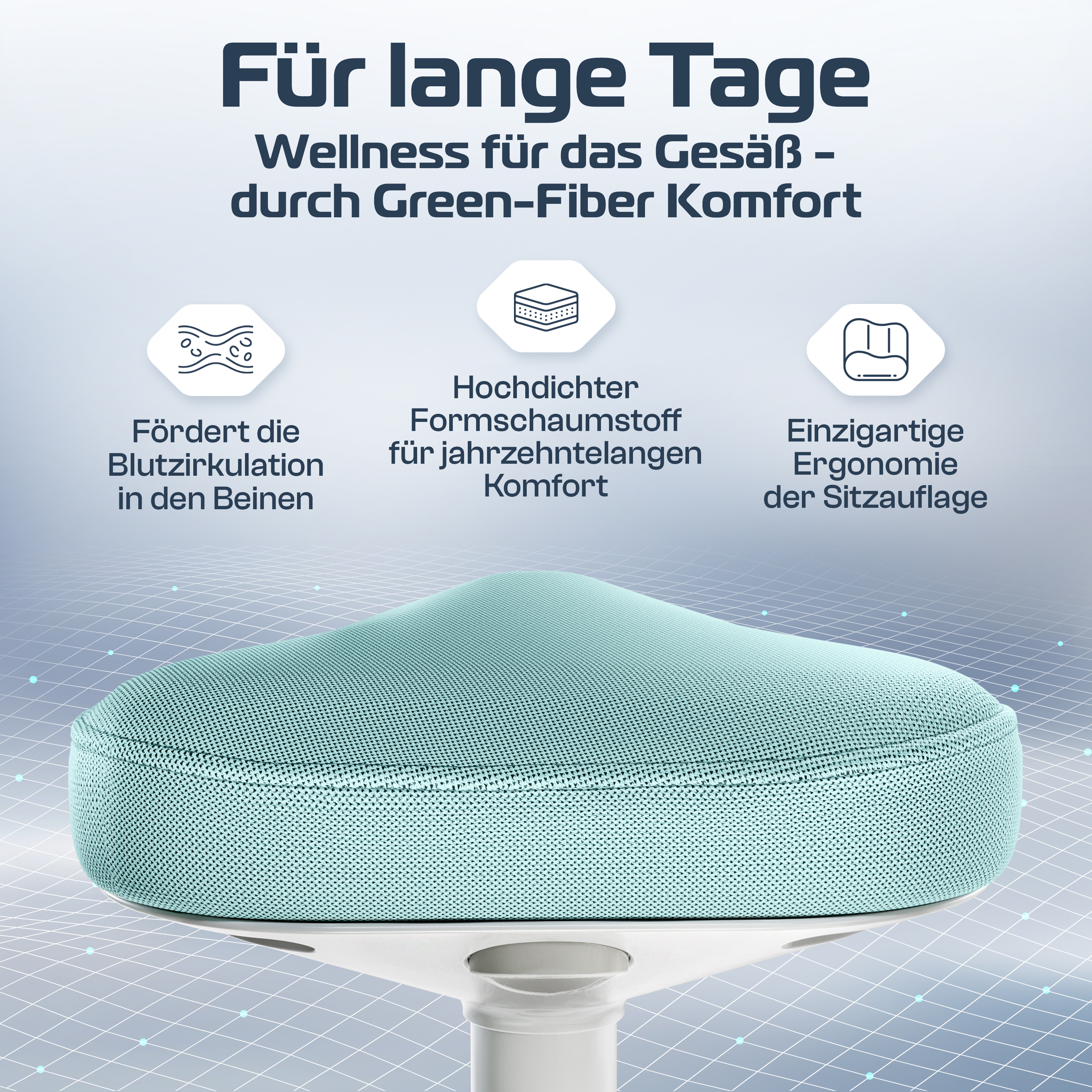 Nahaufnahme eines Sitzes mit hellblauem Kissen, weißem Sockel und Text auf Deutsch über Wellness und Komfort.