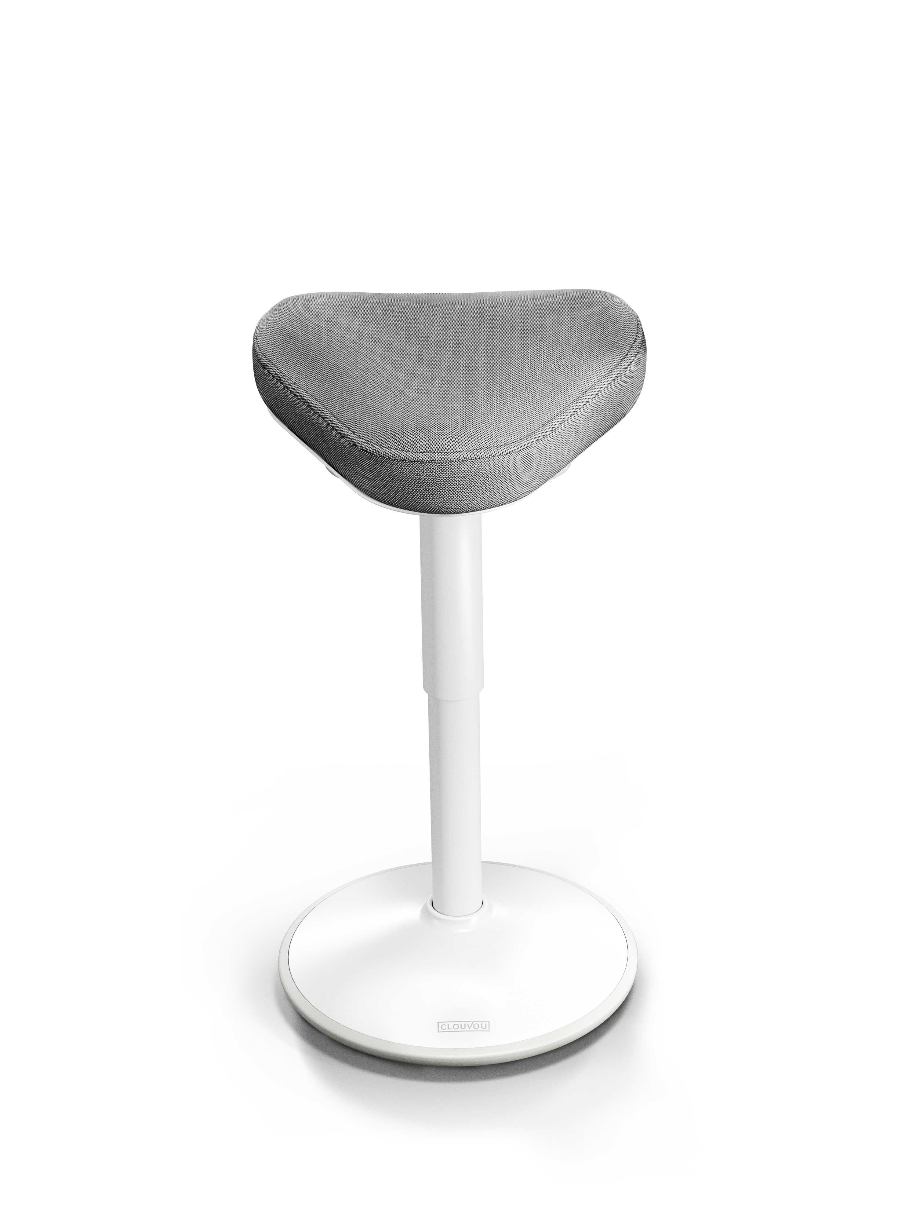 Ein weißer ergonomischer Hocker mit grauem Sitz. Der Sitz ist sattelförmig. Es hat eine runde Basis.