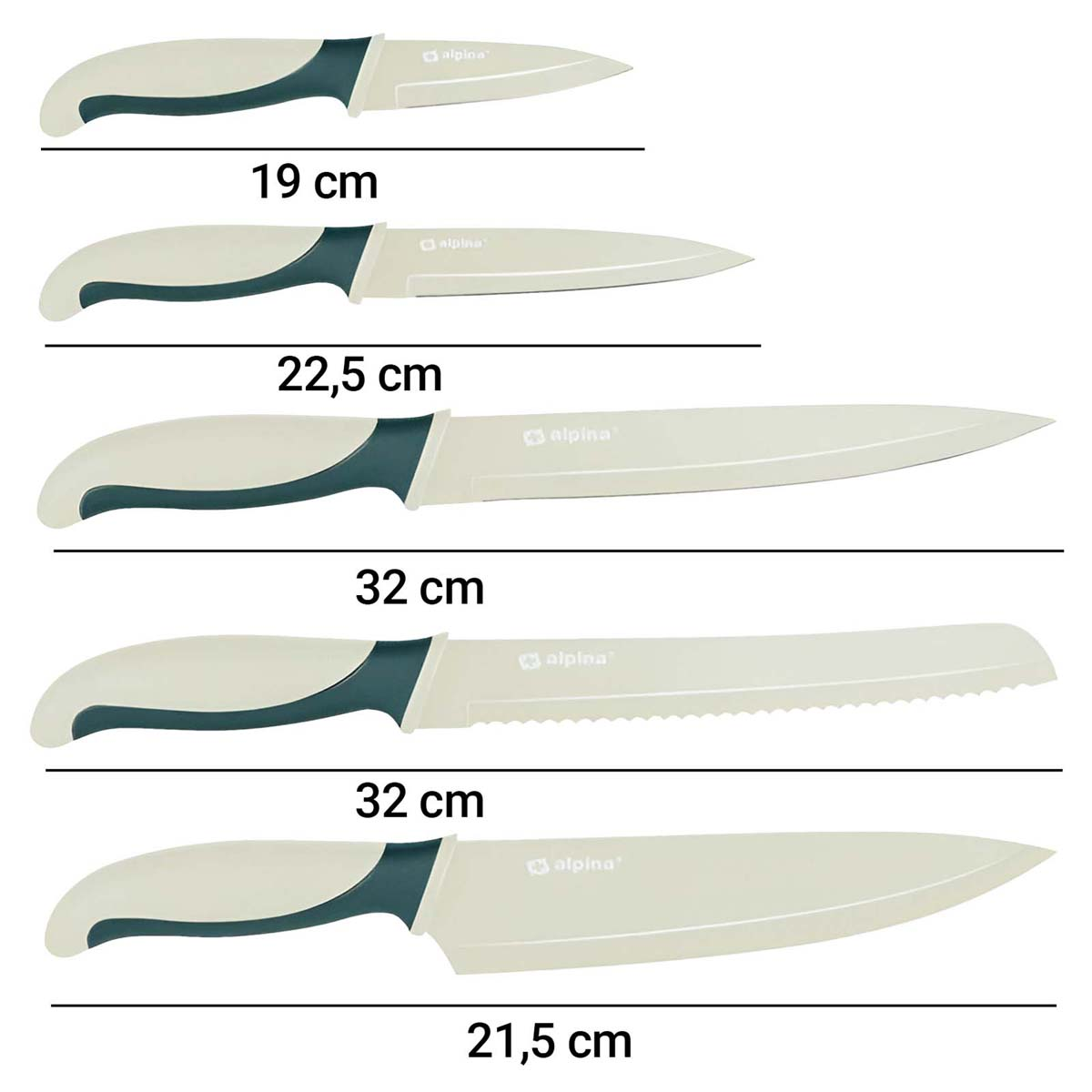 Fünf Küchenmesser in verschiedenen Größen, von 19 cm bis 32 cm. Messer haben cremefarbene Klingen, dunkelgrüne Griffe und das Logo 'alpina'.