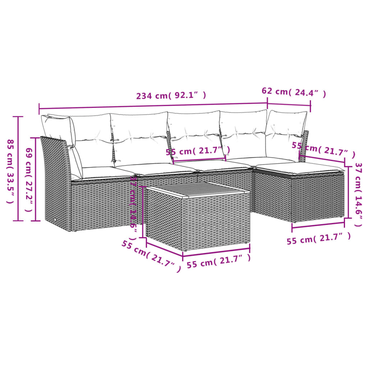 Ein geflochtener Outdoor-Schnitt mit beschrifteten Abmessungen. Es umfasst einen Couchtisch und mehrere Sitzkissen.
