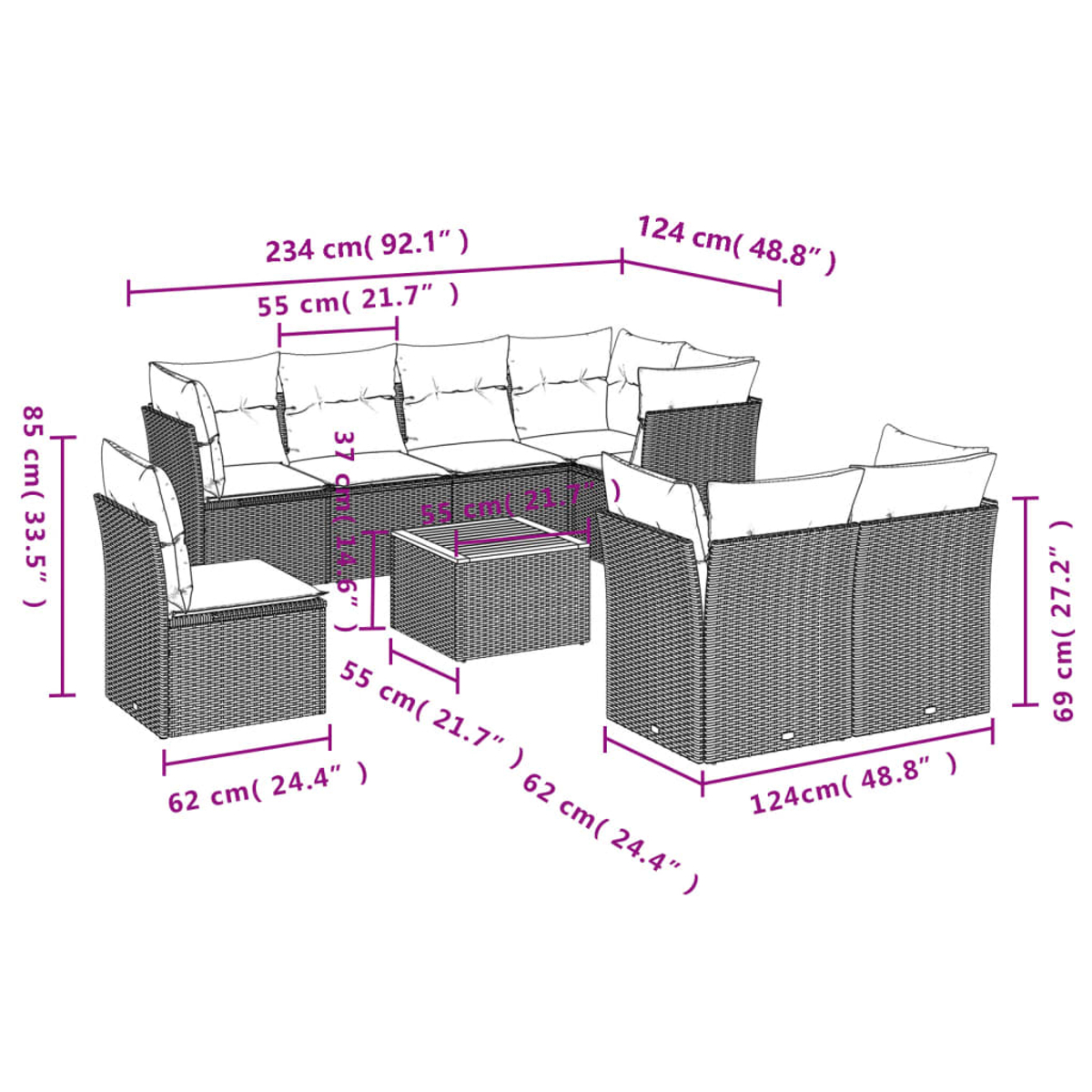 Ein Gartenmöbelset aus Korbgeflecht mit Größenangaben: Sofa, zwei Stühle und ein Tisch. Maße in cm und Zoll sind angegeben.