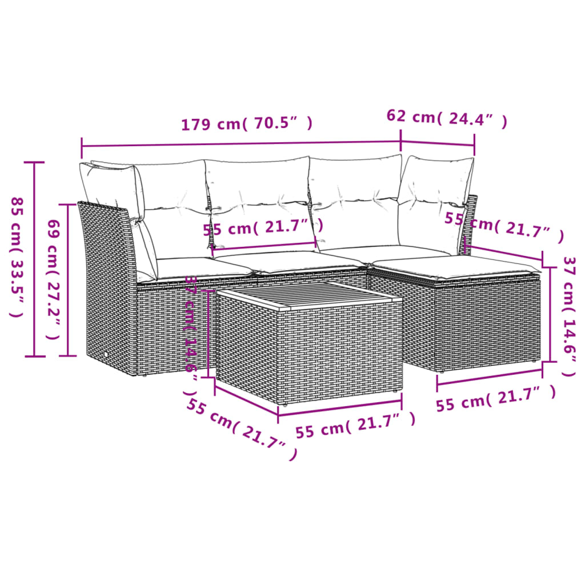 Ein Ecksofa und ein Couchtisch sind mit Maßangaben in Zentimetern und Zoll dargestellt.