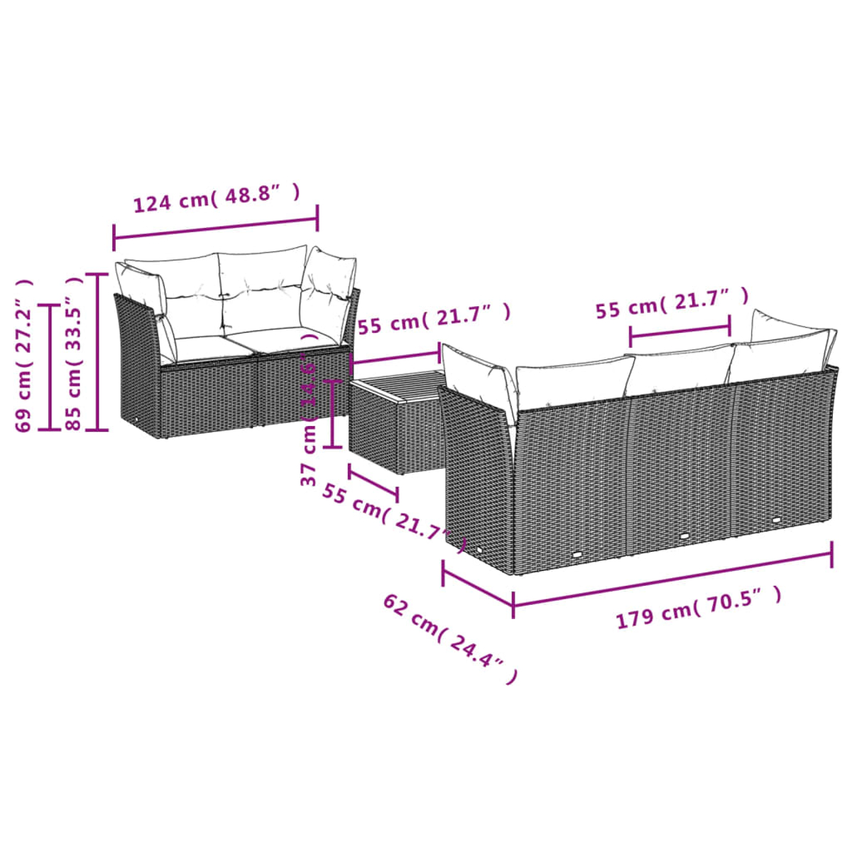 Ein Diagramm zeigt ein Rattan-Sofaset mit Maßen. Es umfasst ein 2-Sitzer-Sofa, ein 3-Sitzer-Sofa und einen Couchtisch.