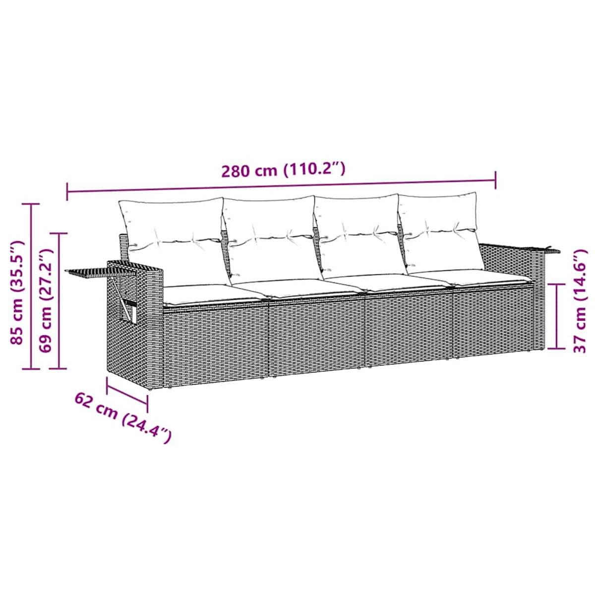 Ein Rattansofa mit Kissen wird mit Abmessungen dargestellt. Das Sofa ist grau und hat zwei Beistelltische. Die Abmessungen sind in cm und Zoll angegeben.