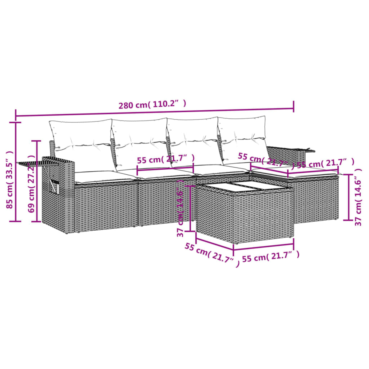 Un juego de muebles de exterior de mimbre con un sofá largo y una mesa de centro cuadrada. Las dimensiones están etiquetadas en la imagen.
