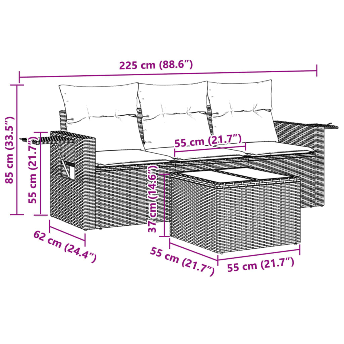Geflochtenes Outdoor-Sofa mit Abmessungen. Enthält Sofa, Kissen und einen Tisch. Maße in cm und Zoll angegeben.